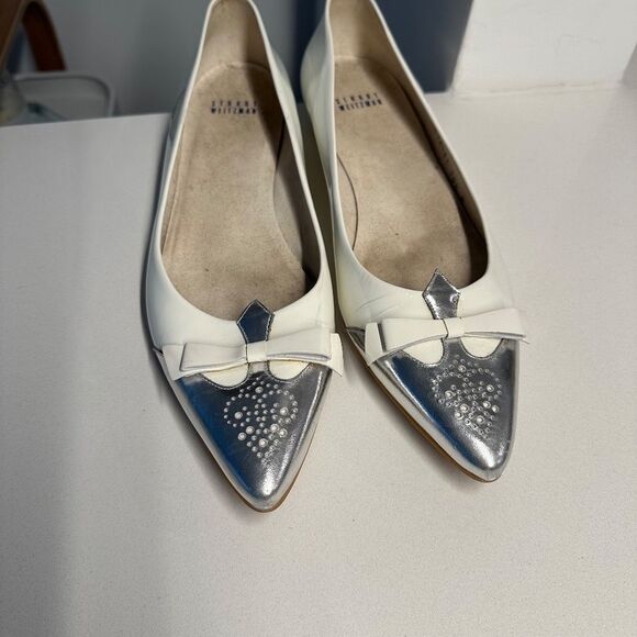 Stuart Weitzman Whiskerlo Pointed Toe Flats in White Patent Leather with Silver - Picture 7 of 11